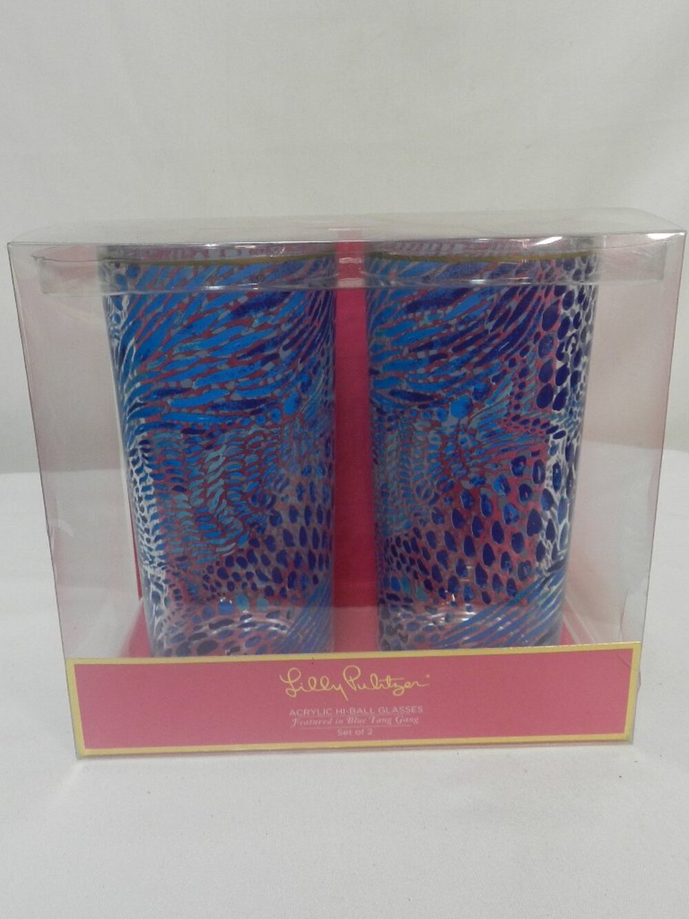 Lilly Pulitzer Acrylic Blue Tang Gang Hi-ball tumblers glasses Set 2 Pair NEW